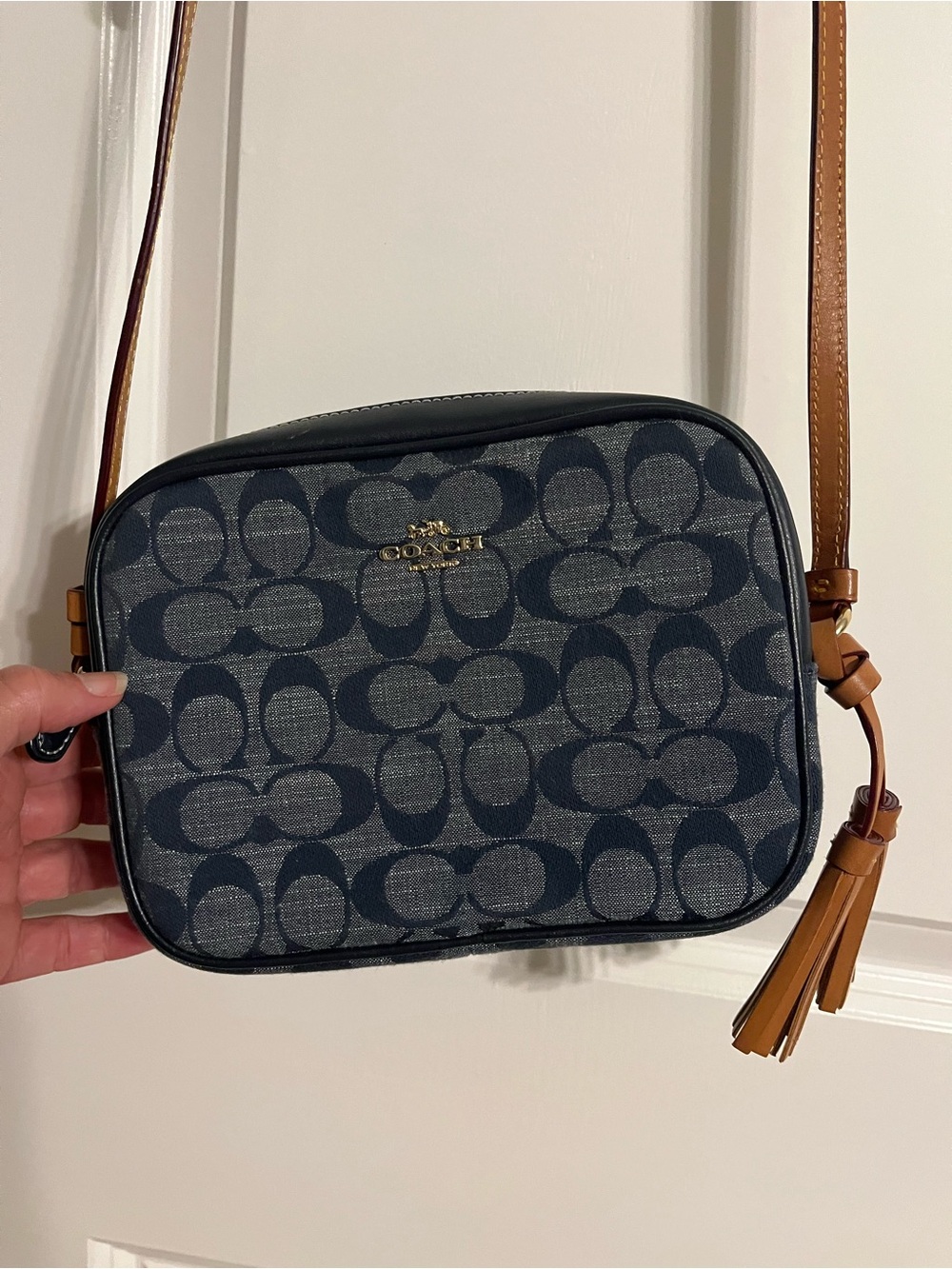 Coach Signature Denim Crossbody Bag in Navy and Tan